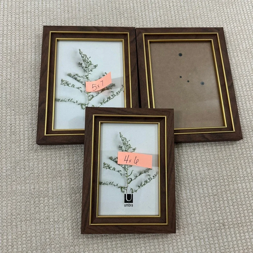Umbra Wood Picture Frames Set of 3 Walnut Gold Trim 5x7 4x6 Tabletop Decor